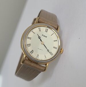 Vintage Pulsar Quartz Quiet Luxury Gold Bezel Taupe Sleek Leather Band Watch
